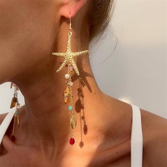 Gold Starfish Tassel Drop Earrings for Women Beach Jewelry Fashion Gift - Picture 7 of 7